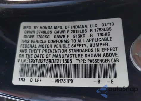 2013 Honda Civic Lx z USA, uszkodzony, nr VIN 19XFB2F59DE211505